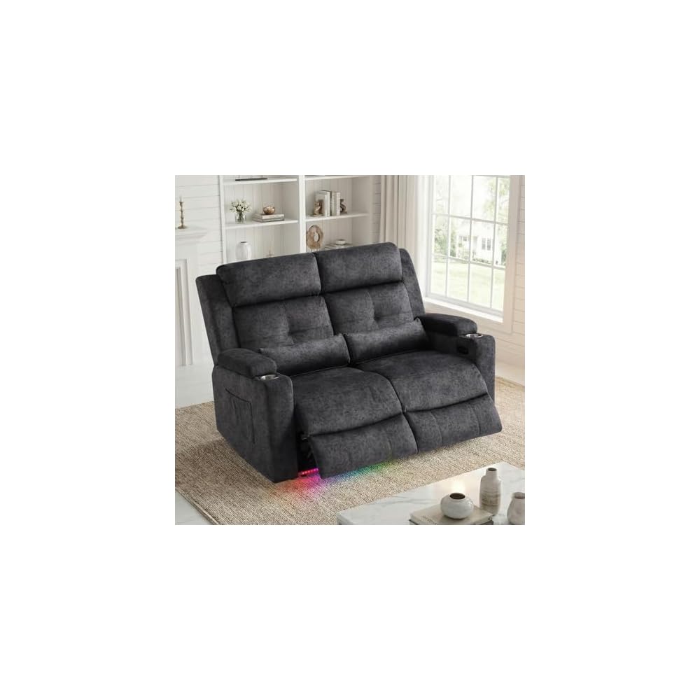 Power Reclining Loveseat Sofa, Velvet Loveseat Recliner Sofa Couch with LED Light/Hidden Storage,RV Wall Hugger Double Recliner for Living Room (Gray No Conlole)