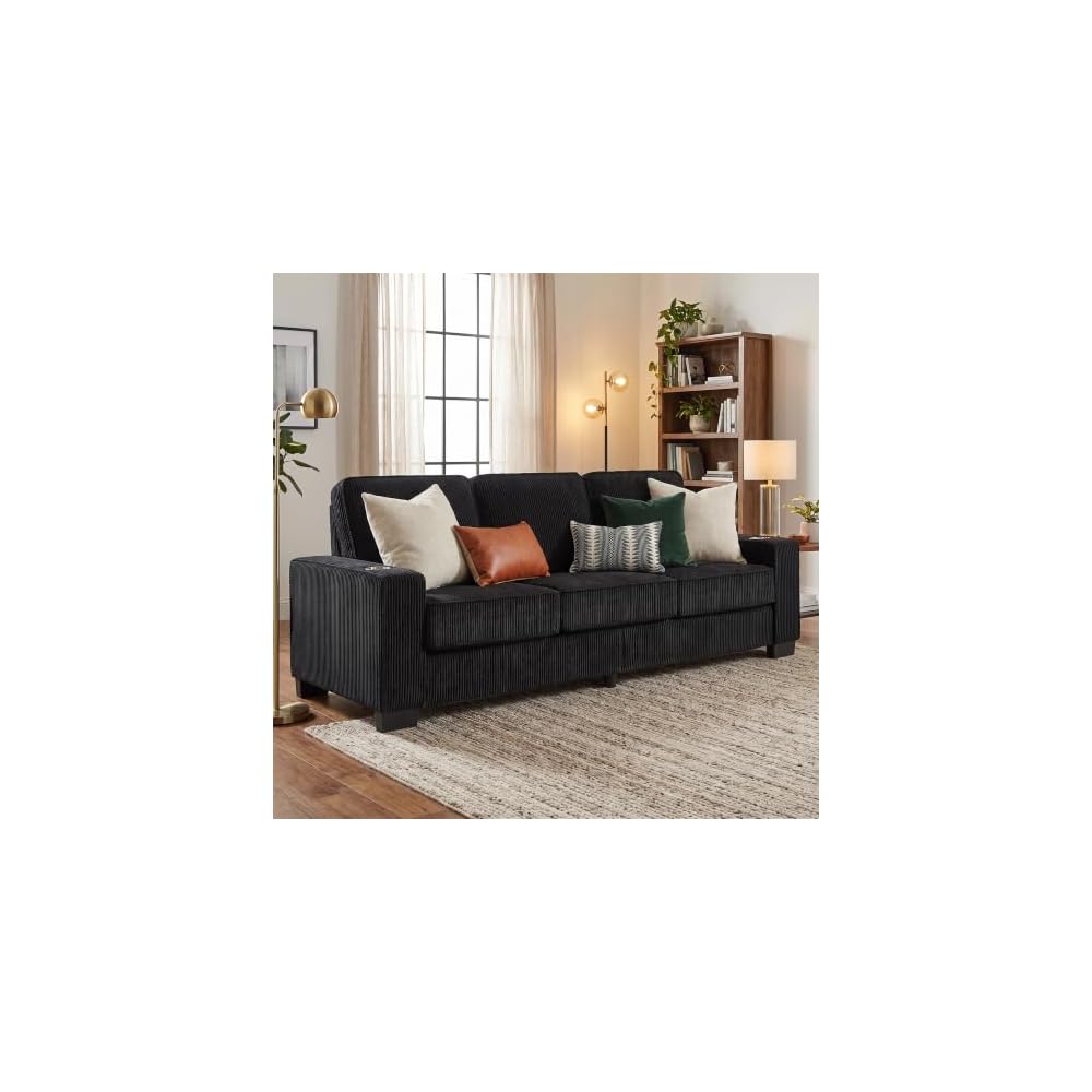 GRAVFORCE 84" Corduroy Sofa, Black 3 Seater Couch with Cup Holders
