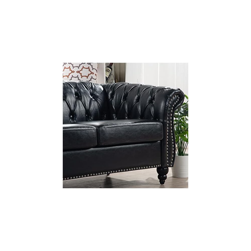 Chesterfield PU Leather Sofa, Upholstered PU Sofa with Tufted Back, Classic 3 Seater Leather Couch Rolled Arm for Living Room Office, Black