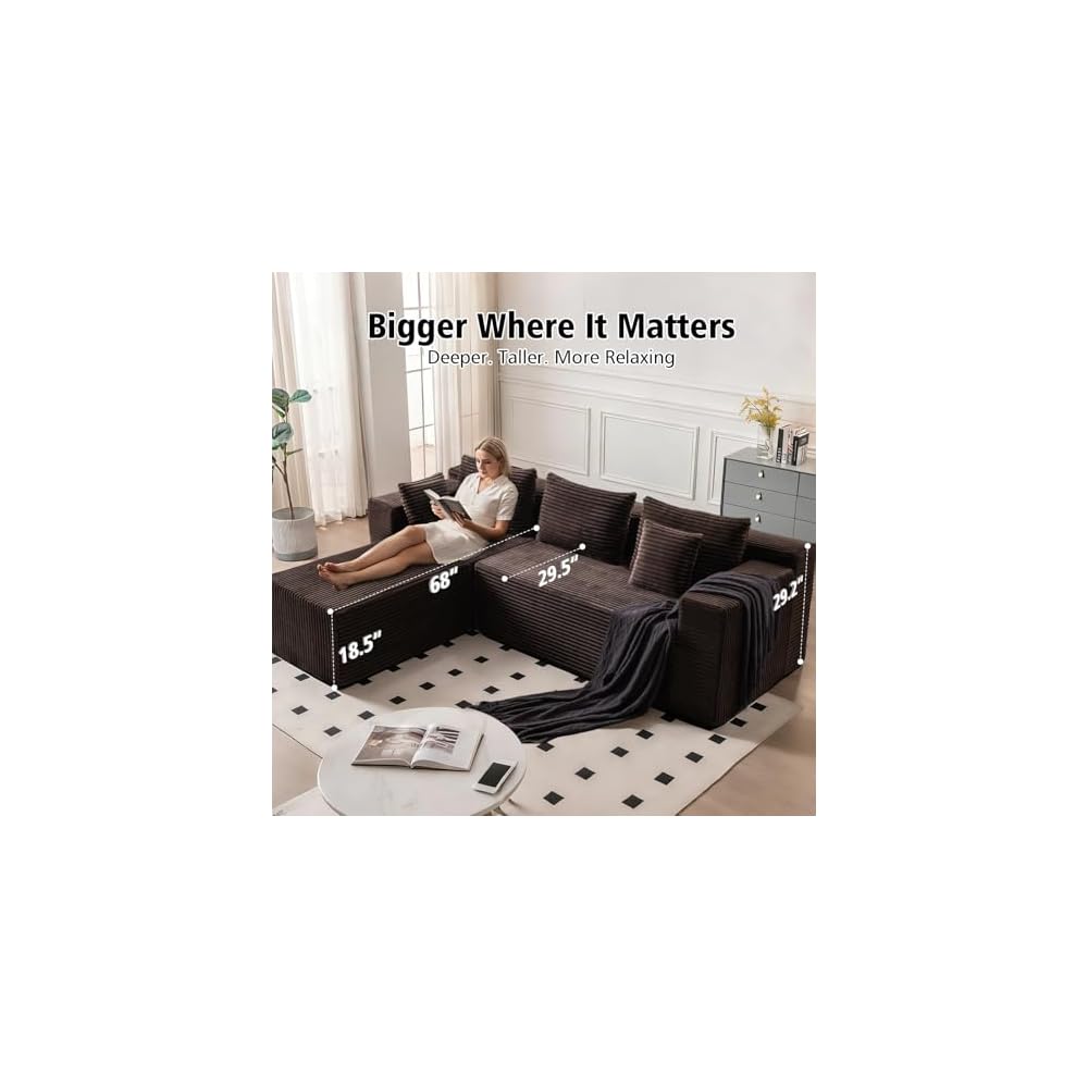 107-Inch Boneless Modular Sectional Sofa, L-Shaped Cloud Couch with Deep Seats and High Backrest, Corduroy Memory Foam Sectional, No Assembly Required for Living Room or Apartment, Brown