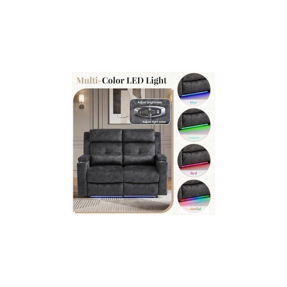 Power Reclining Loveseat Sofa, Velvet Loveseat Recliner Sofa Couch with LED Light/Hidden Storage,RV Wall Hugger Double Recliner for Living Room (Gray No Conlole)