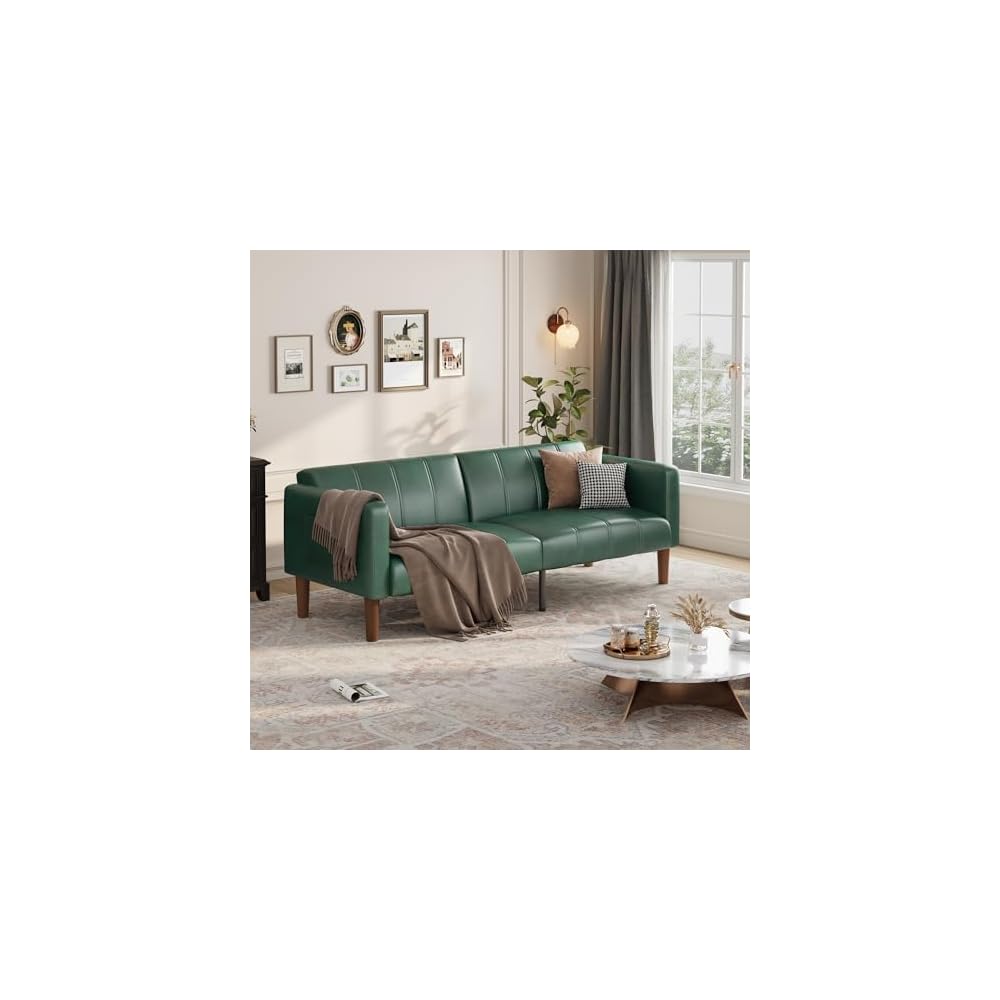 GarveeHome Futon Sofa Bed, 75-Inch Modern Faux Leather Convertible Couch, Mid-Century Loveseat for Small Space, Living Room, Bedroom, Green