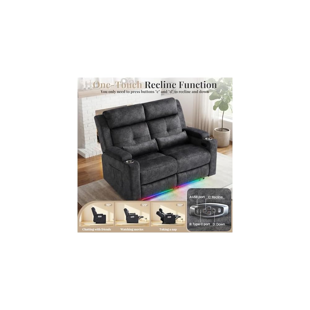 Power Reclining Loveseat Sofa, Velvet Loveseat Recliner Sofa Couch with LED Light/Hidden Storage,RV Wall Hugger Double Recliner for Living Room (Gray No Conlole)
