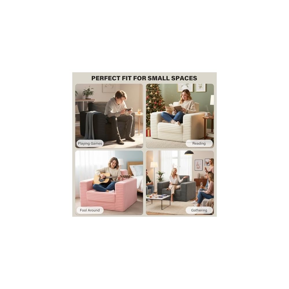Welnow Folding Sofa Bed with Ottoman,2-in-1 Boneless Sofa Chair,Dark Grey