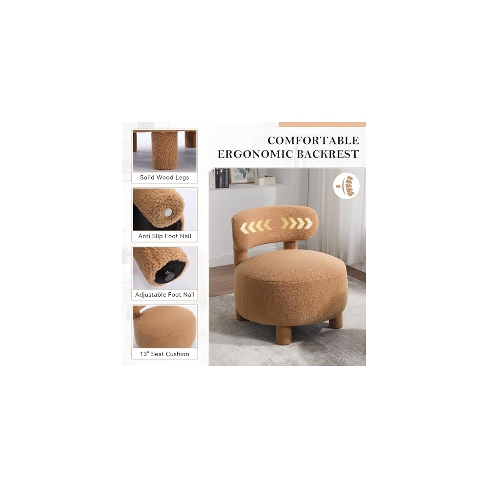 Teddy Fabric armless Accent Chair with Curved backrest and Solid Wooden Legs upholstered Chair Slipper Side Chair for Primary Living Space Bedroom Vanity Room or Reading Room