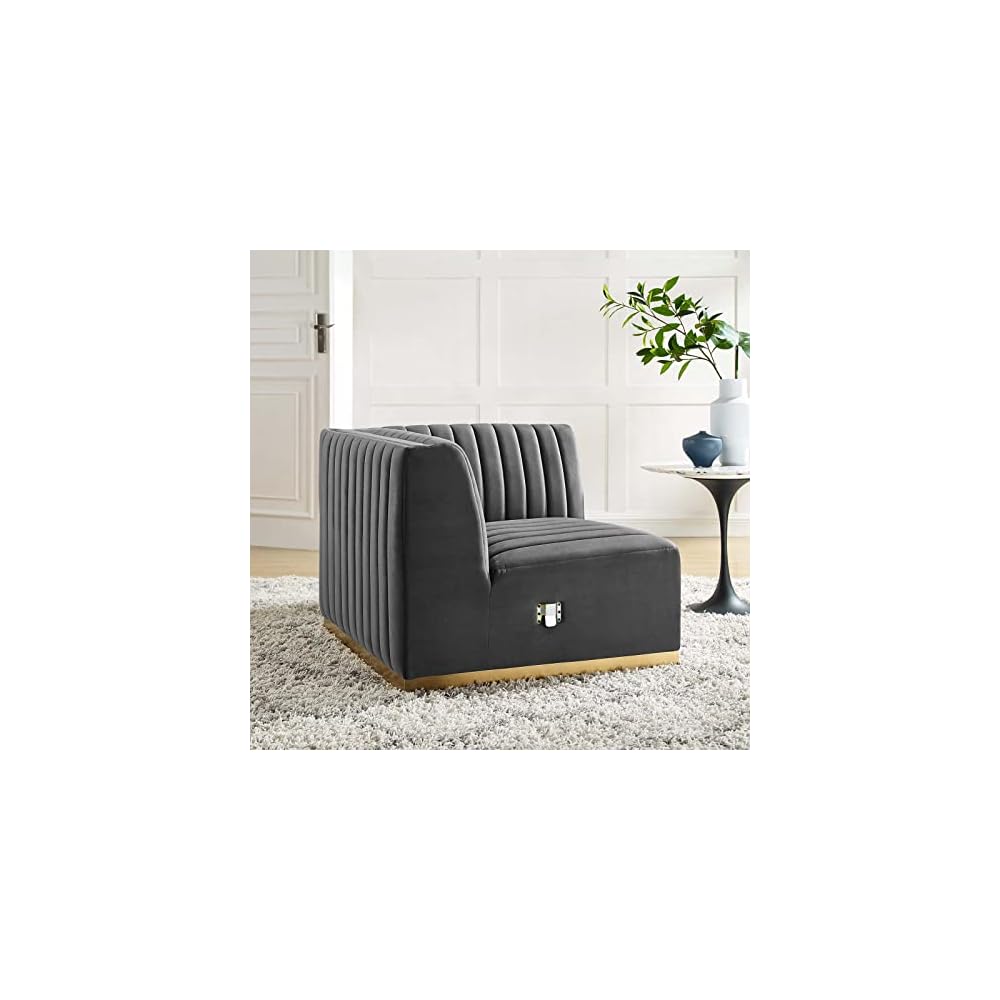 Modway Conjure Channel Tufted Upholstered Performance Velvet Sectional Sofa Left Corner Chair in Black Cognac