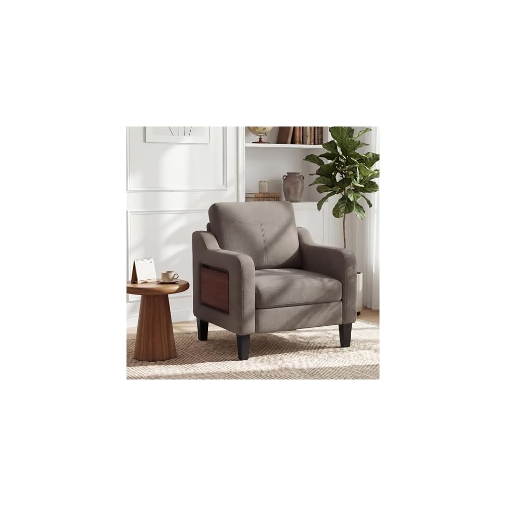 Accent Chair for Living Room, Mid-Century Upholstered Armchair with Foldable Table & 2 Side Pockets, Modern Linen Wooden Sofa Chair for Bedroom & Reading Room, Blue