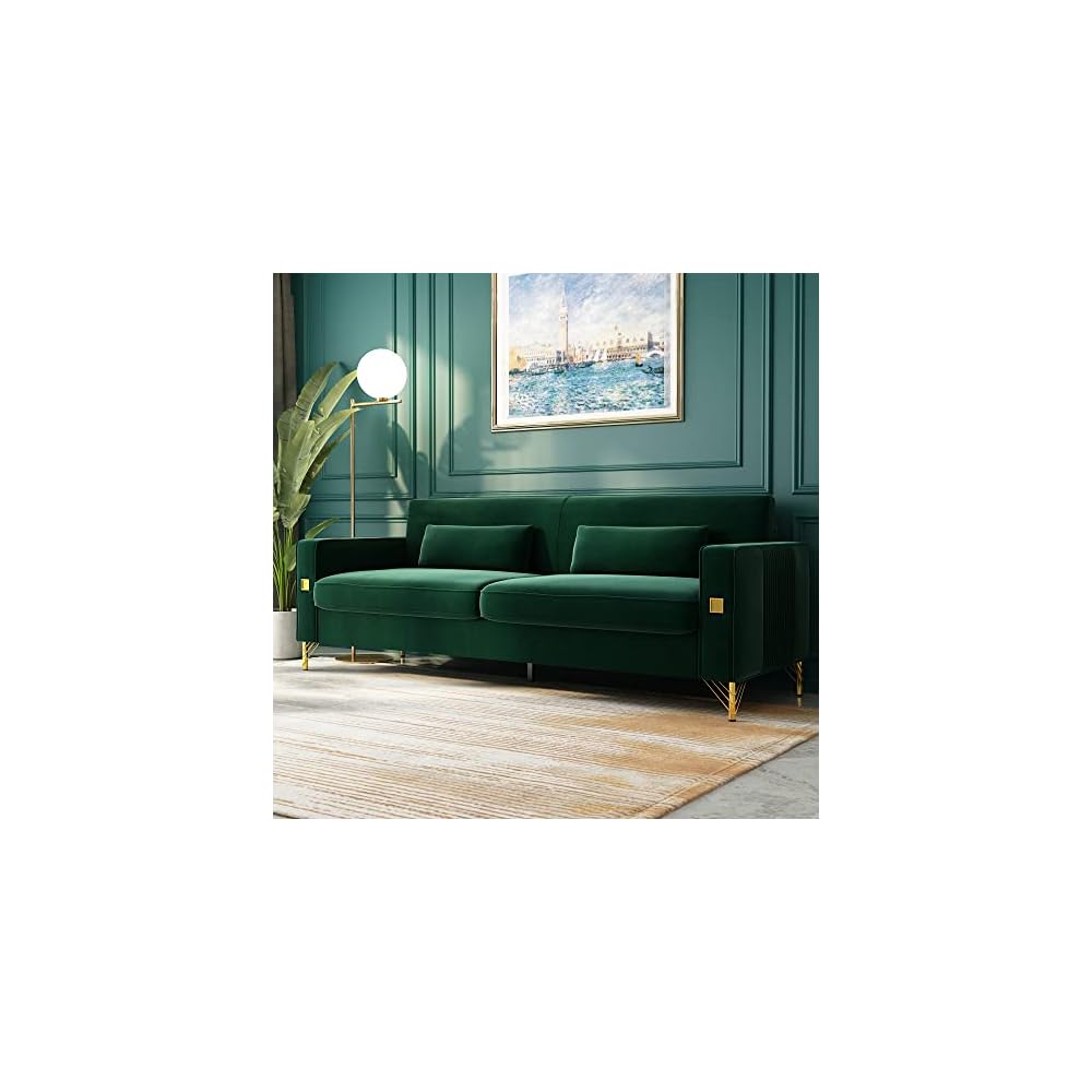 Green 85'' Velvet Sofa, Mid-Century Modern 3-Seat Couch with 2 Pillows & Gold Legs for Living Room Apartment Large Space