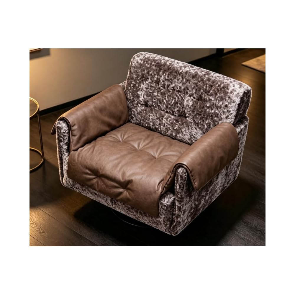 Brown Genuine Leather Swivel Accent Chair with Plush Fabric and Black Base