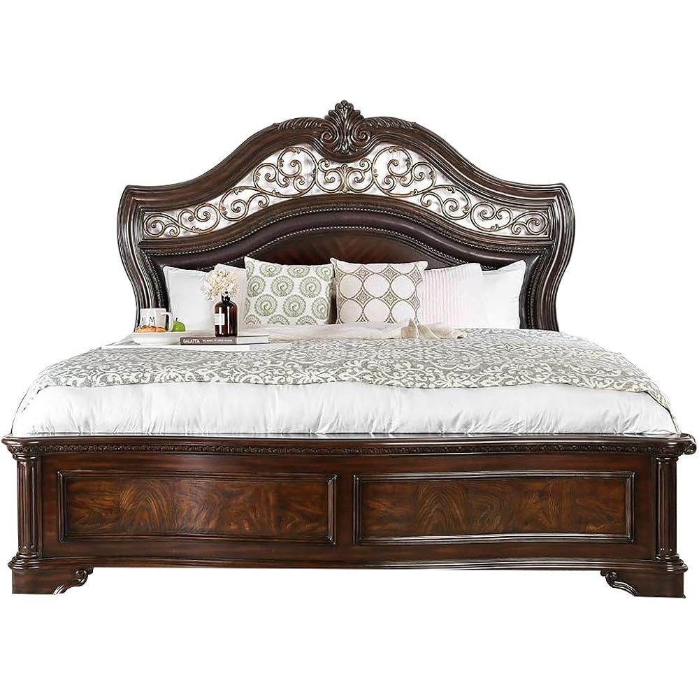 Benjara California King Wooden Bed with Intricate Carved Headboard