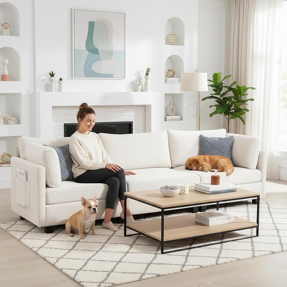 111" Sofas for Living Room, 3 Seater Couch with 2 Pillows, Modern Comfy Chenille Couches with Storage Bag, Deep Seat Sofa for Apartment Small Space, Beige
