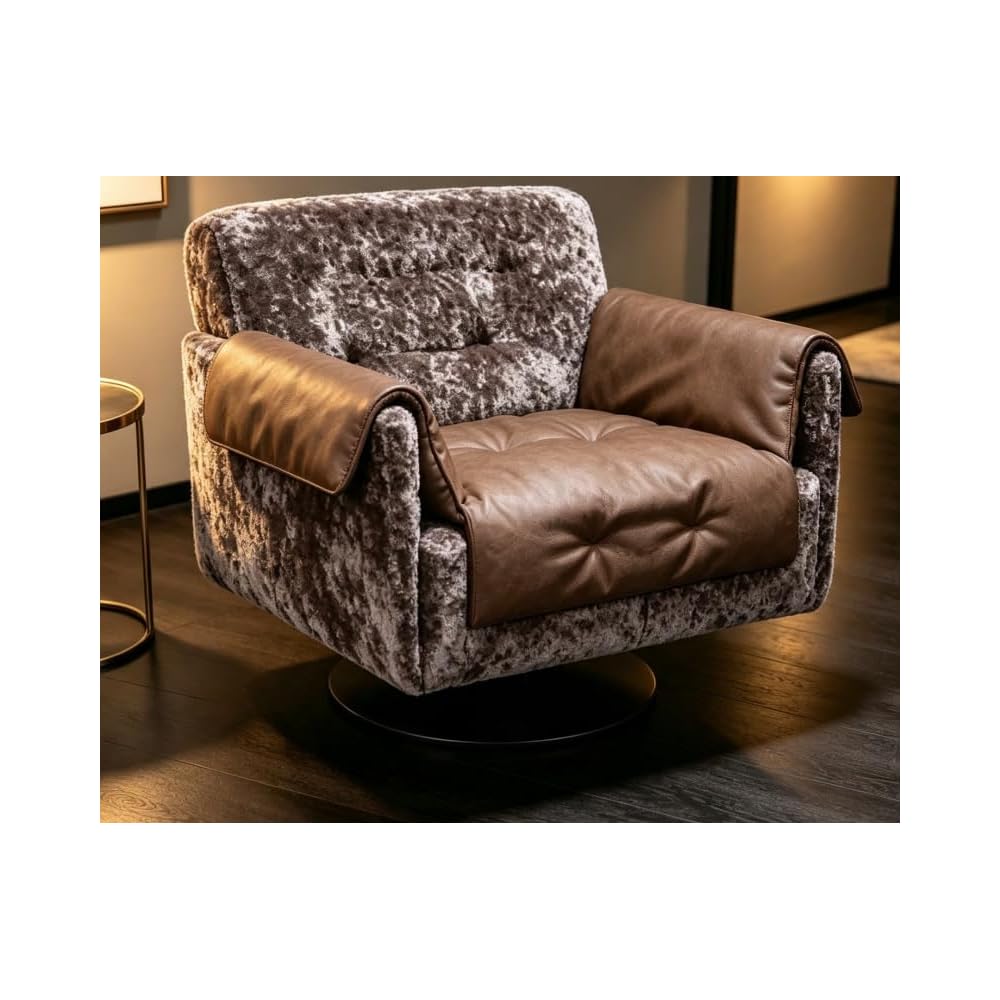 Brown Genuine Leather Swivel Accent Chair with Plush Fabric and Black Base