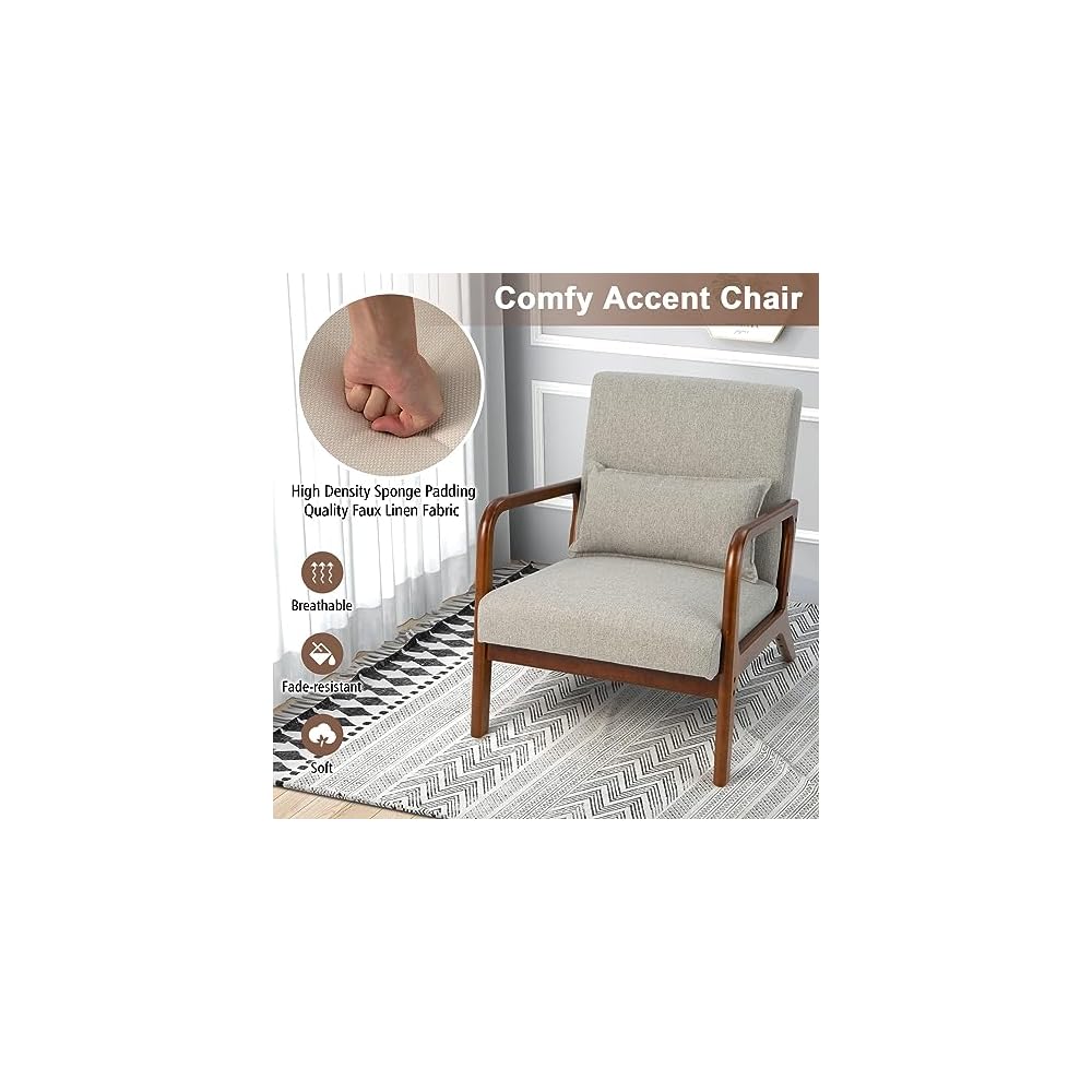 Mid Century Modern Accent Chair, Upholstered Lounge Armchair with Wood Frame & Lumbar Pillow, Comfy Reading Chair for Living Room, Bedroom, Office (1, Grey)