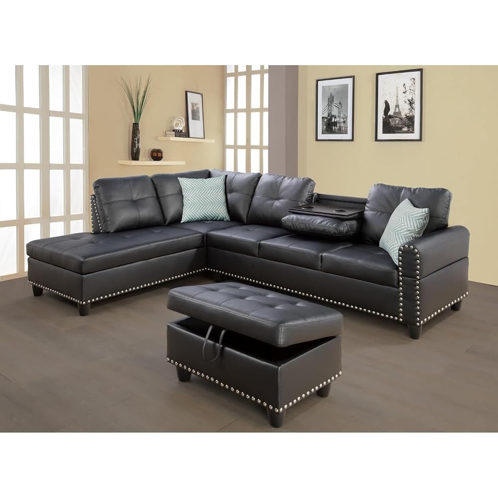HomeStock Sophisticated Simplicity Sectional Sofa with Ottoman, Living Room Set, Left Facing Chaise, 2 Cup Holders, 2 Throw Pillows, Tufted Back and Seat - 99.5" D x 67" W x 32" H Black