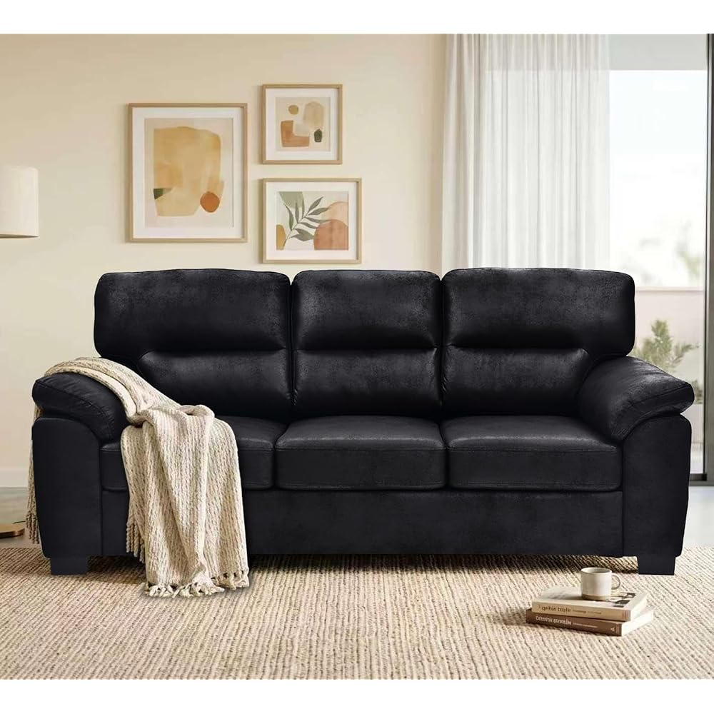 81" 3 Seater Sofa, Tech Breathable Faux Leather Tufted Couch with Wide Armrests for Living Room, Apartment, Office (Black)