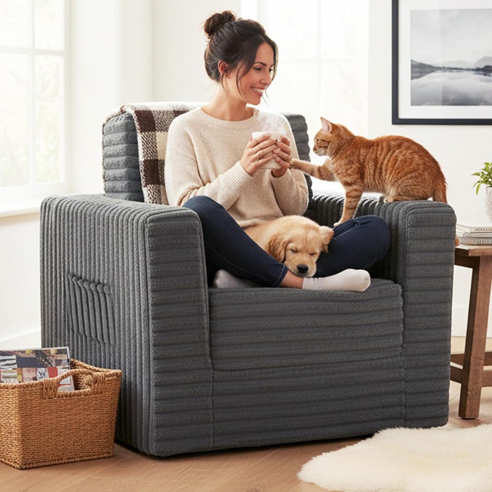 Welnow Folding Sofa Bed with Ottoman,2-in-1 Boneless Sofa Chair,Dark Grey
