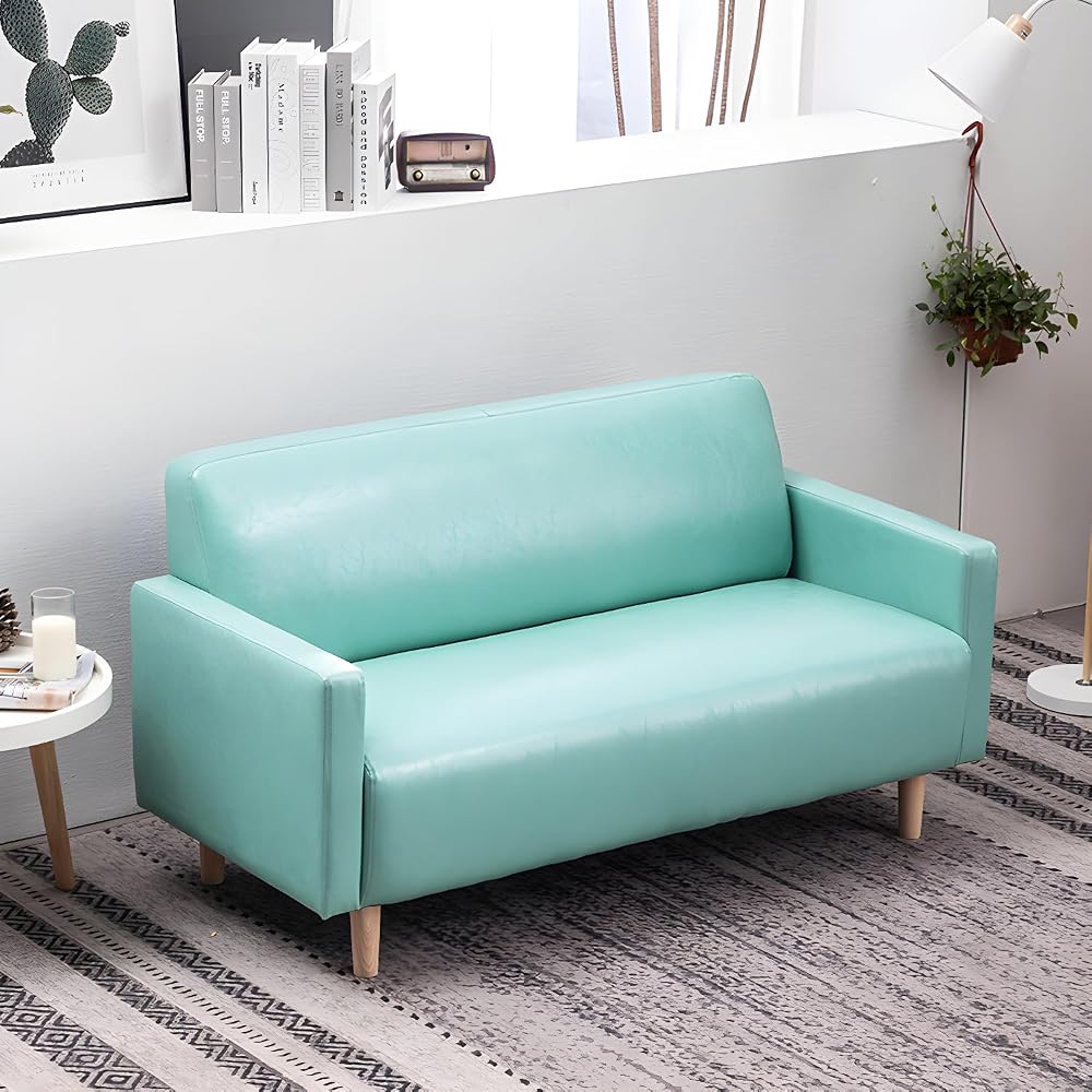 LITFAD Faux Wax Leather Loveseat Sofa, 2‑Seater Compact Couch, Lake Blue