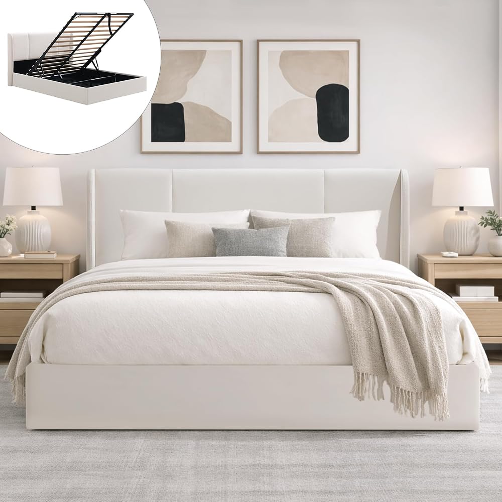 VELOCAVA Queen Lift Up Storage Bed Frame, Velvet-Look Upholstered Bed with Modern Wingback Headboard, Gas Lift Storage, Wood Slat Support, No Box Spring Needed, White
