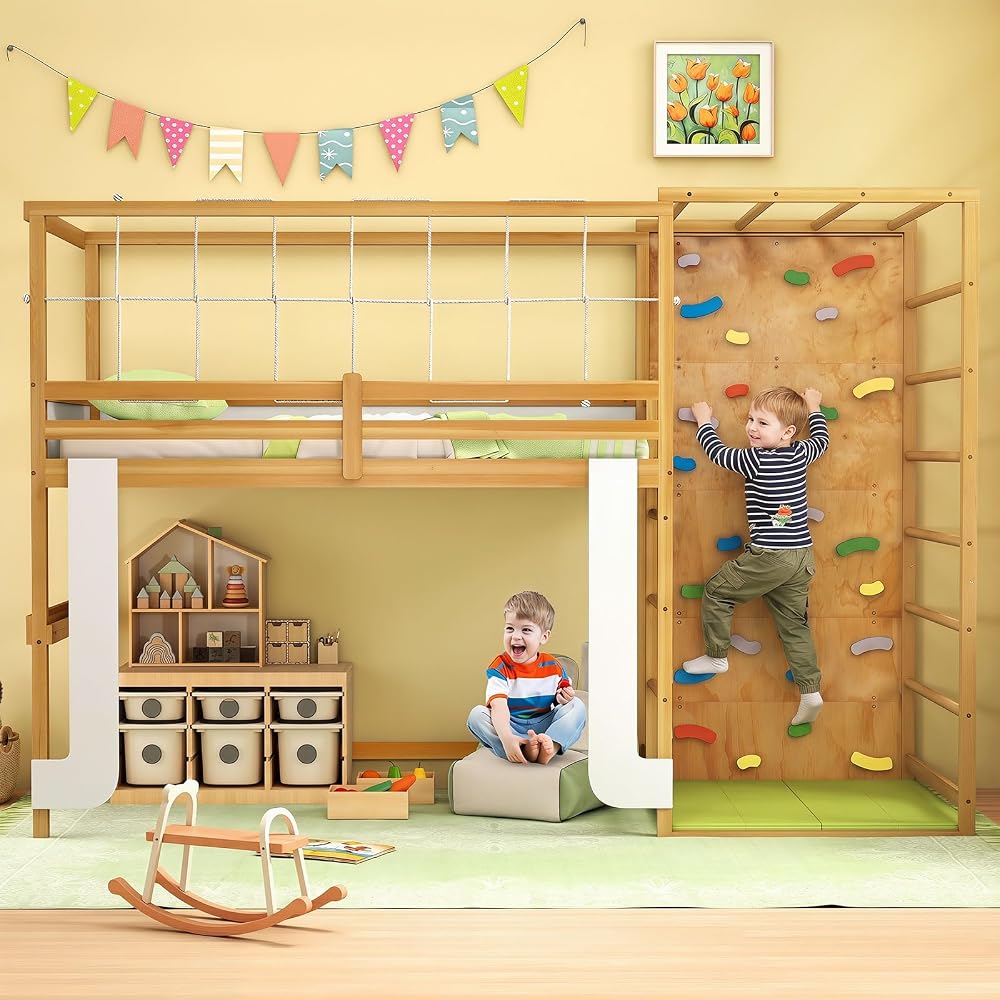 GIANTEX Twin Bunk Bed with Jungle Gym, 4-in-1 Wooden Loft Bed with Climbing Ladder, Rock Wall & Monkey Bar, Montessori Playhouse Bed with Full Length Guardrail & Wood Slat Support for Kids (Natural)