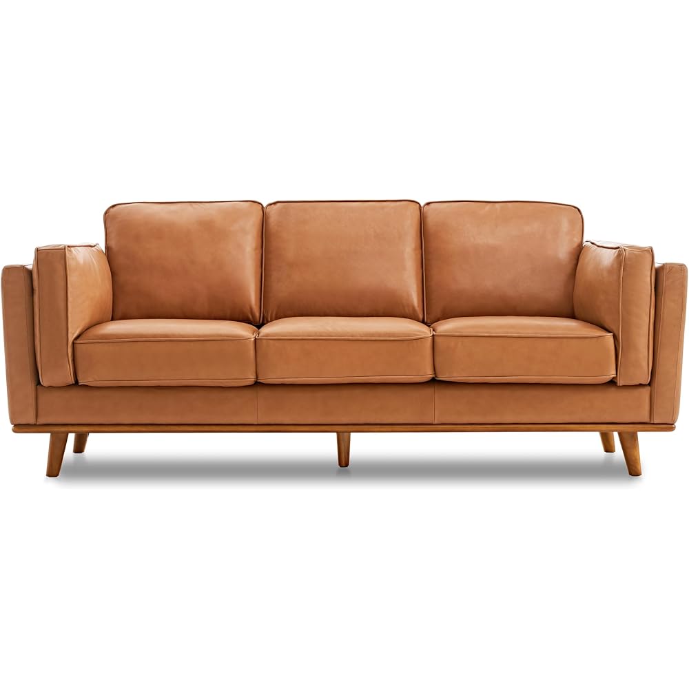 Valencia Artisan Full Leather Sofa 88” - Pure Full Italian Nappa Leather Couch for Living Room Furniture, Solid Wood Accent, Ultimate Comfort, Cognac Tan