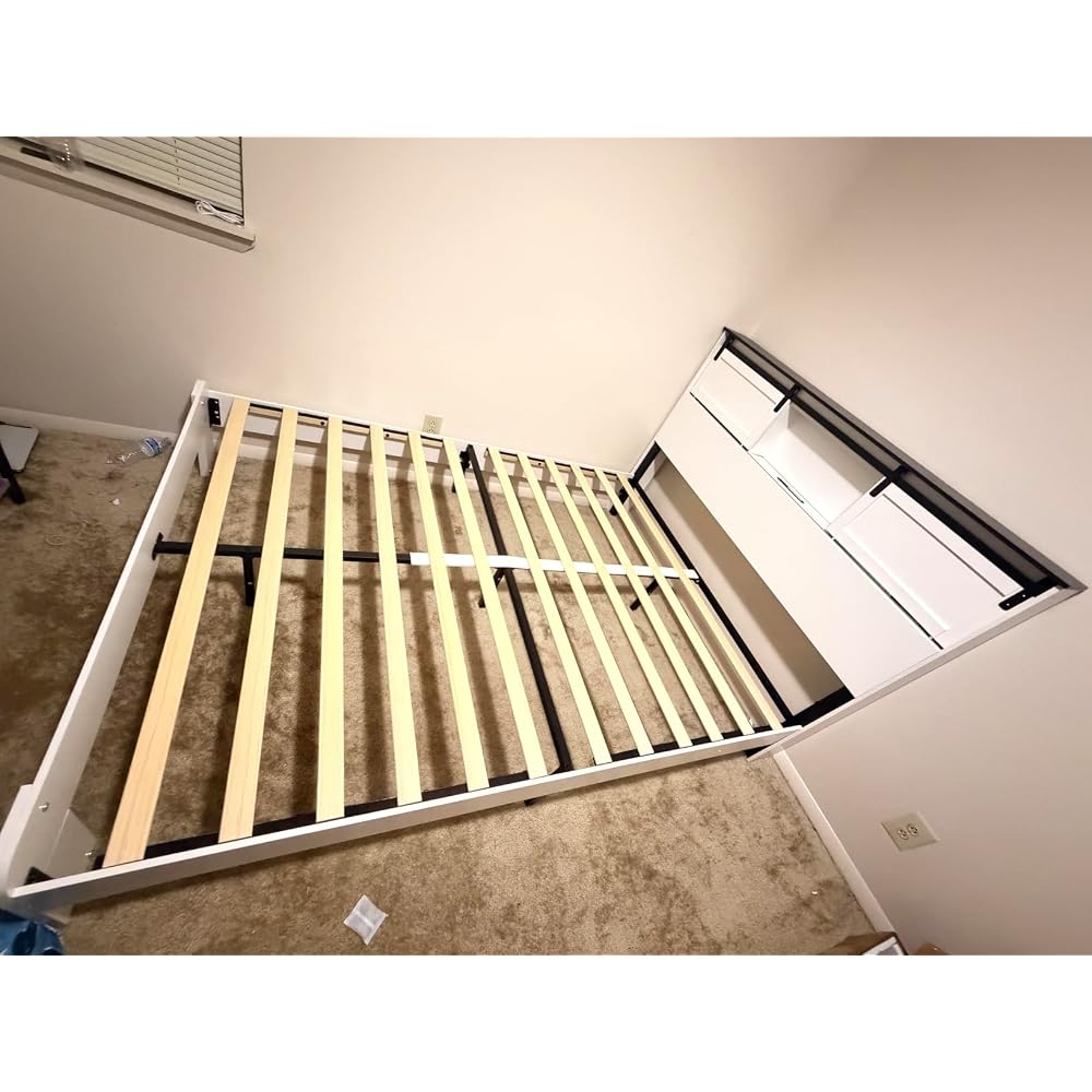 DNYN Farmhouse Platform Bed Frame with Storage Headboard and Dual USB Ports