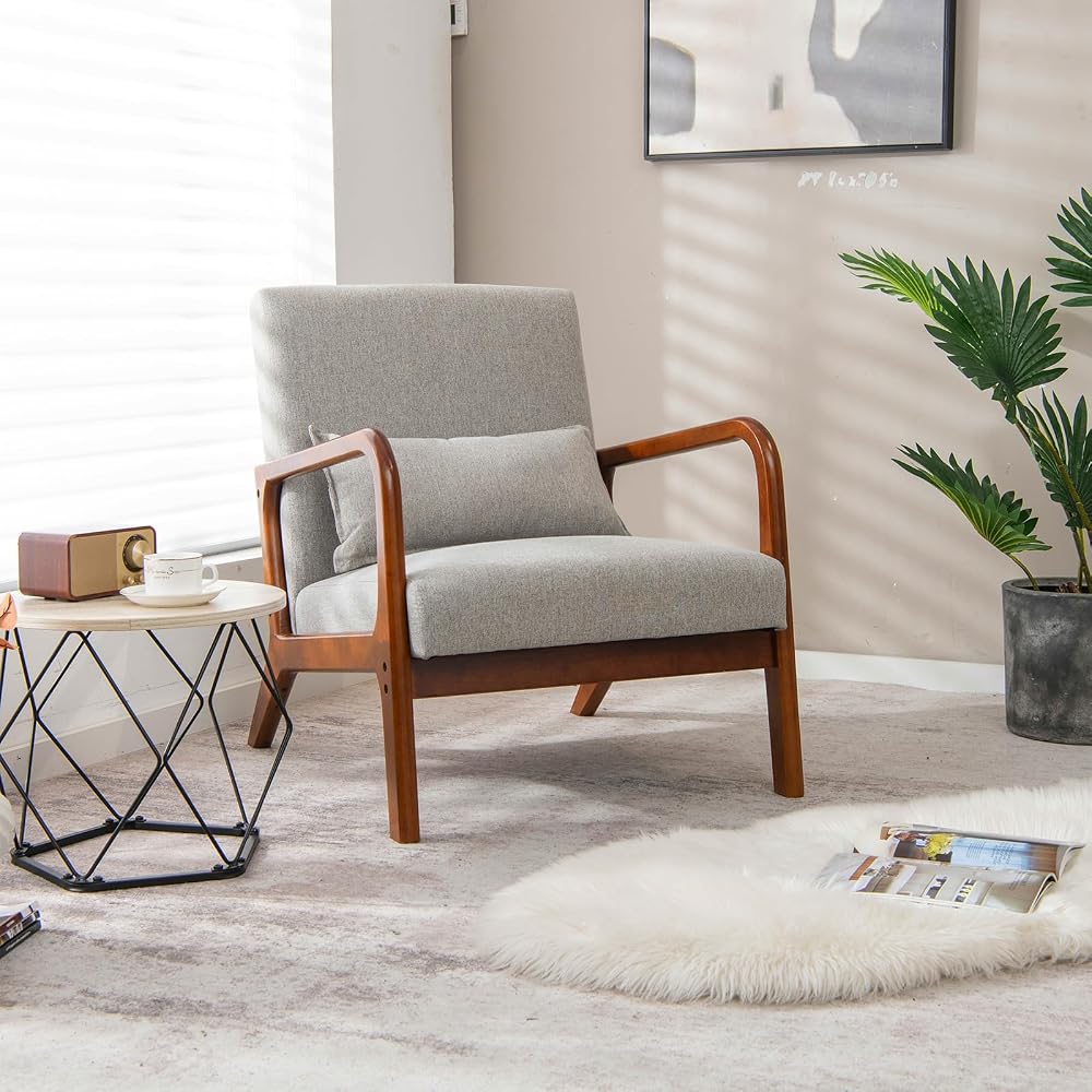 Mid Century Modern Accent Chair, Upholstered Lounge Armchair with Wood Frame & Lumbar Pillow, Comfy Reading Chair for Living Room, Bedroom, Office (1, Grey)