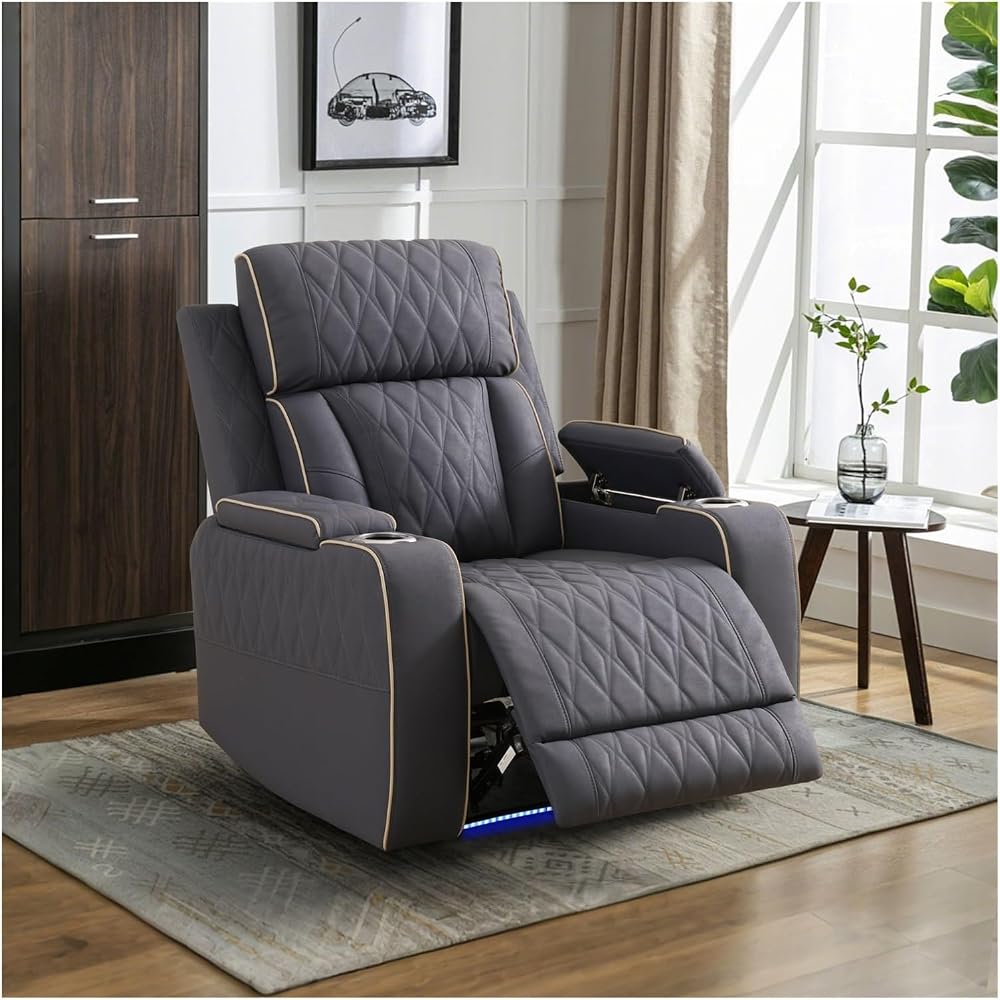 Blueish Grey Sanded Leather Living Room Intelligent Recliner Chair Backrest Can Tilt Back to 110°-115° Ambient LED Light Whichcan Ease Your Tiredness