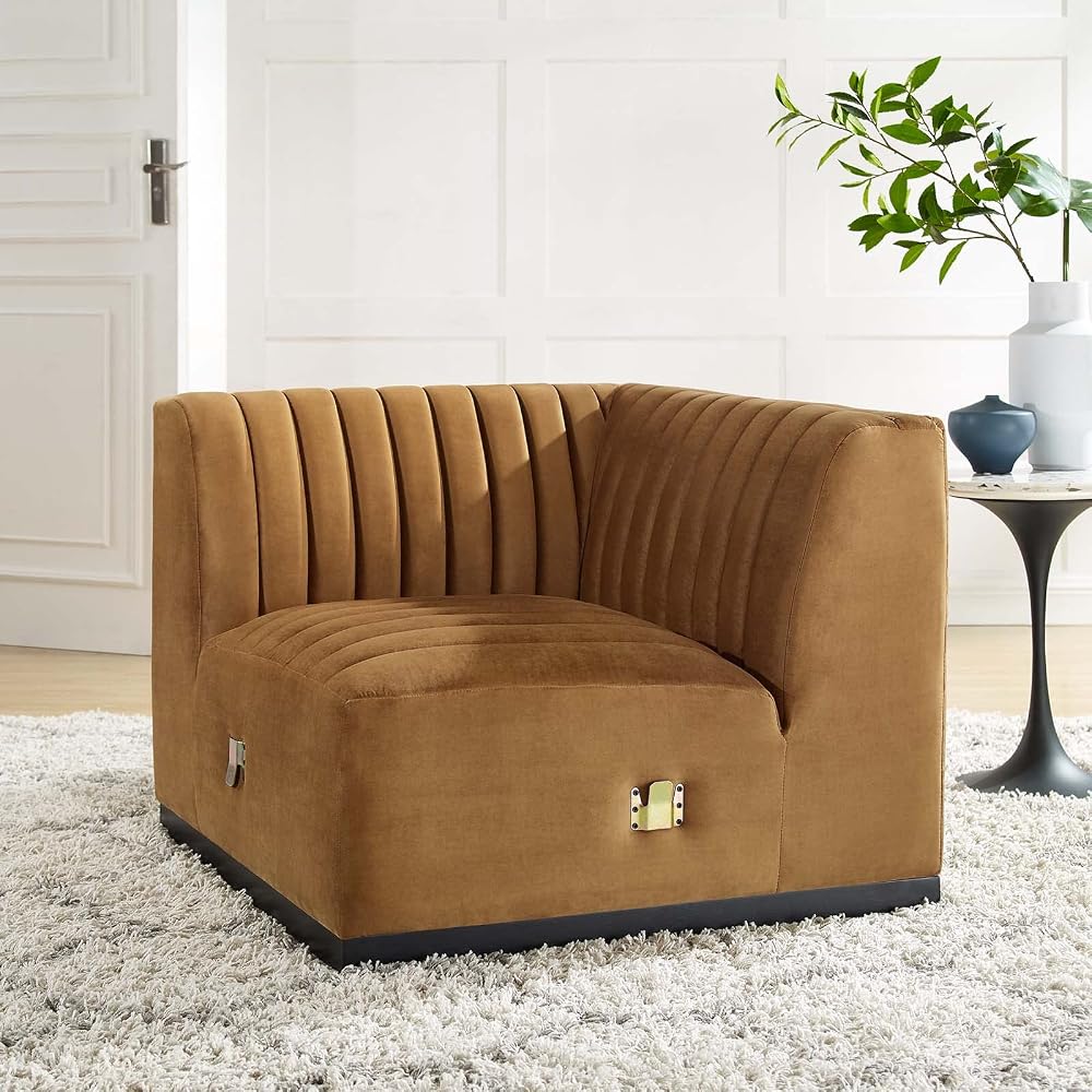 Modway Conjure Channel Tufted Upholstered Performance Velvet Sectional Sofa Left Corner Chair in Black Cognac