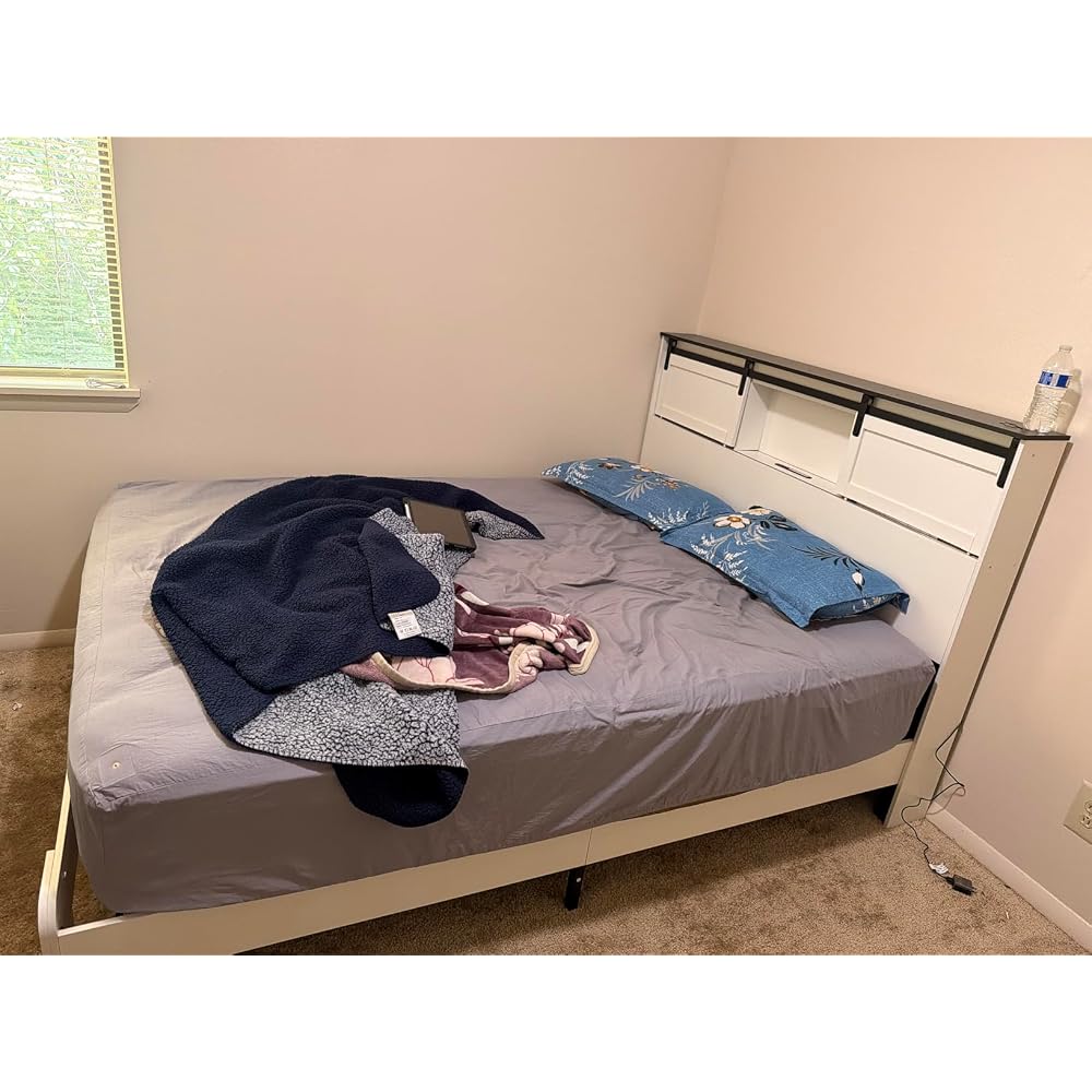 DNYN Farmhouse Platform Bed Frame with Storage Headboard and Dual USB Ports
