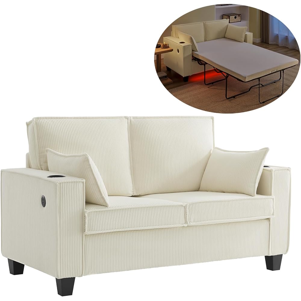 2-in-1 Pull Out Sofa Bed, 65" Full Size Sleeper Sofa, Corduroy Convertible Loveseat Sleeper for Living Room, Guest Room, Apartment, Home Office (Beige)