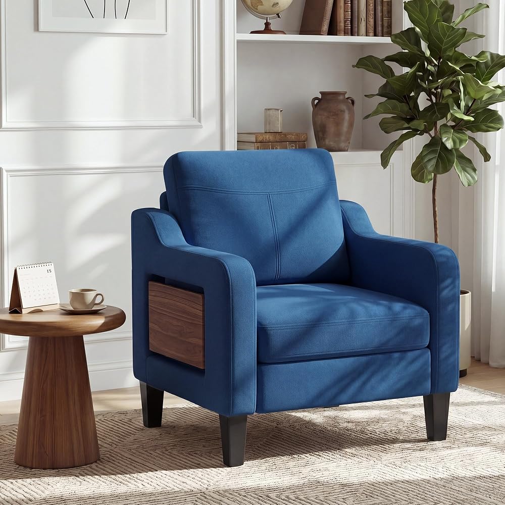 Accent Chair for Living Room, Mid-Century Upholstered Armchair with Foldable Table & 2 Side Pockets, Modern Linen Wooden Sofa Chair for Bedroom & Reading Room, Blue