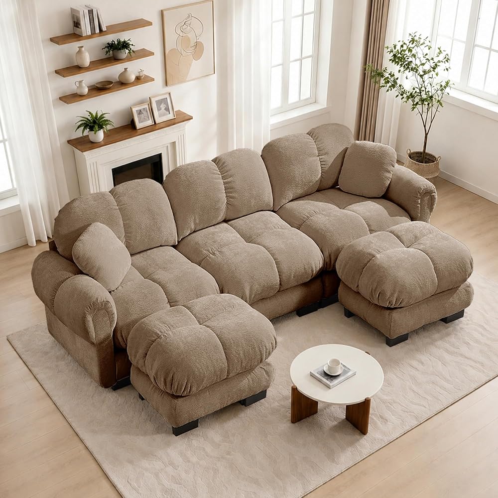 103.9" Modular Cloud Couch, Oversize U-Shaped Sectional Sofa with Ottoman, Deep Seat Chenille Couch, Anti-Slip Design, Modern 3-Seater Sofa for Living Room/Apartment/Bedroom, Brown