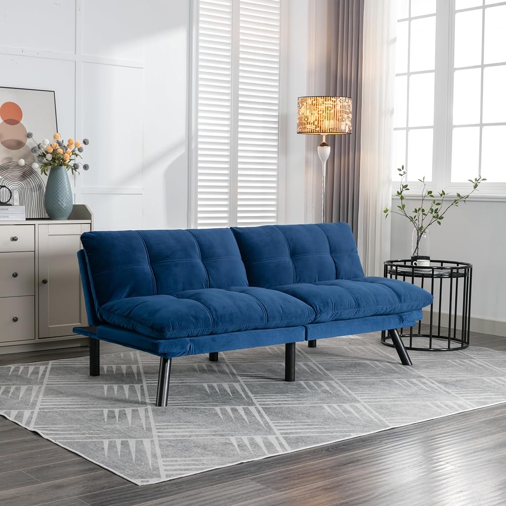 Modern Leather Convertible Folding Futon Couch Sofa Bed with Adjustable Armrest and Backrest, Couch Double Loveseat Sofa for Compact Living Space,Dorm,Game Studio,Apartment,Bedroom (Navy Blue)