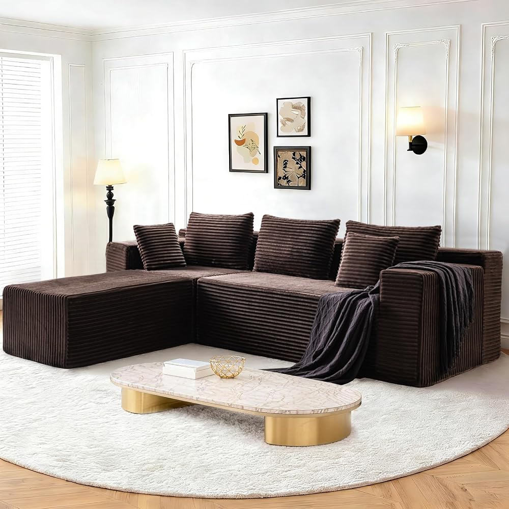 107-Inch Boneless Modular Sectional Sofa, L-Shaped Cloud Couch with Deep Seats and High Backrest, Corduroy Memory Foam Sectional, No Assembly Required for Living Room or Apartment, Brown