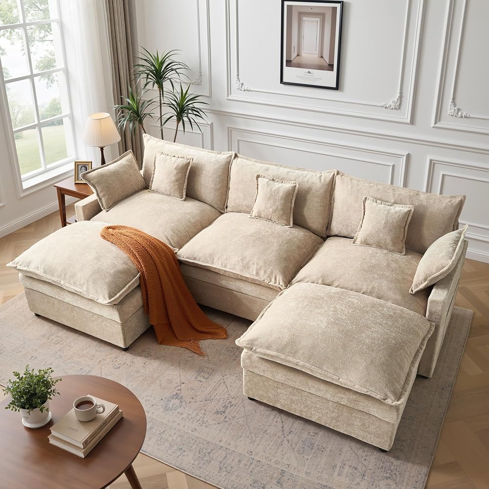 108 Inch U Shaped Cloud Couch, Chenille Modular Sectional Sofa