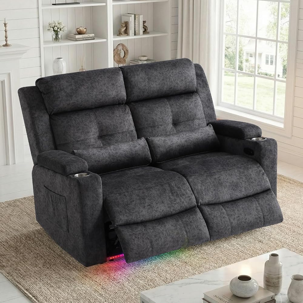 Power Reclining Loveseat Sofa, Velvet Loveseat Recliner Sofa Couch with LED Light/Hidden Storage,RV Wall Hugger Double Recliner for Living Room (Gray No Conlole)
