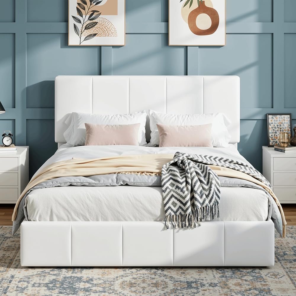 SHA CERLIN Queen Size Bed Frame, Velvet Upholstered Platform Bed, White