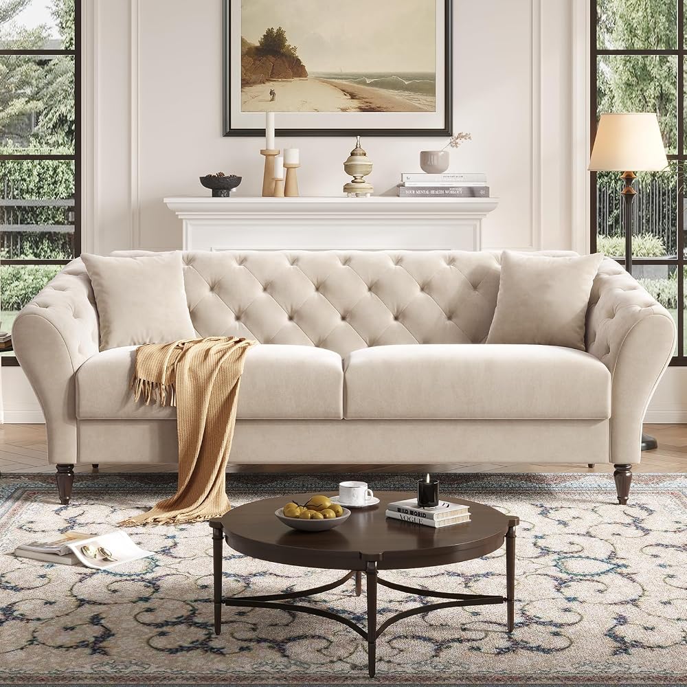 COPIAE 82 Inch Chesterfield loveseat Sofa,Tuxedo Arms Modern Couch Sturdy and Easy Installation, Small Sofa for Living Room Bedroom Office and Apartment,Velvet Fabric Beige