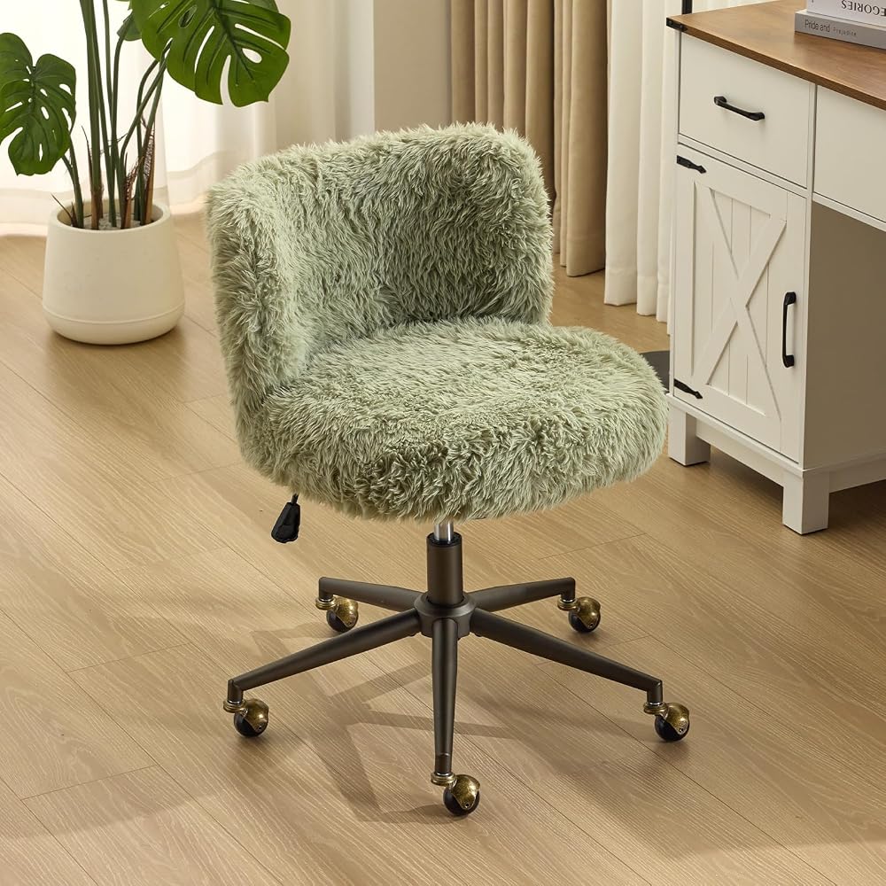 VINGLI Plush Upholstery Vanity Desk Chair with Curved Back & 90-102° Tilt &Adjustable Height, Cute Rolling Chair with Bronze Base & Golden-Bronze 360° Swivel Wheels for Makeup &Home Office,Grass Green