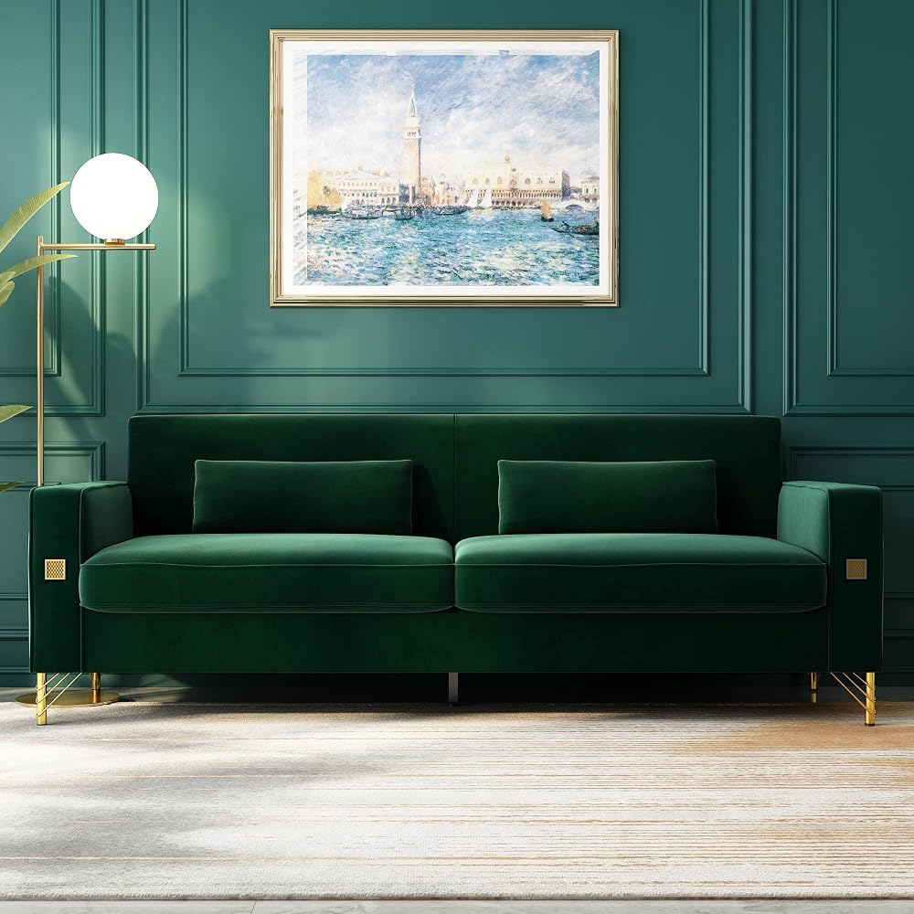 Green 85'' Velvet Sofa, Mid-Century Modern 3-Seat Couch with 2 Pillows & Gold Legs for Living Room Apartment Large Space