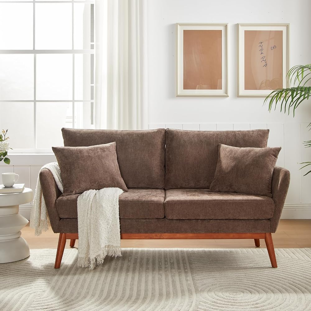 VINGLI 63.5" W Mid Century Small Love Seat Couch with Soild Wood Frame, 2 Seater Comfy Linen Fabric Loveseat Sofa, Small Couch with Two Pillows for Bedroom, Living Room, Small Spaces, Brown