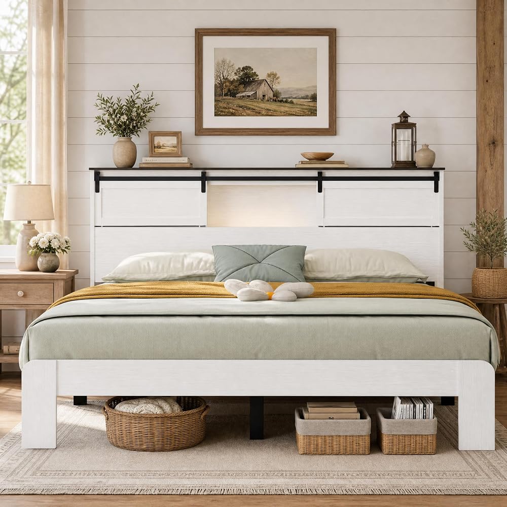 DNYN Farmhouse Platform Bed Frame with Storage Headboard and Dual USB Ports