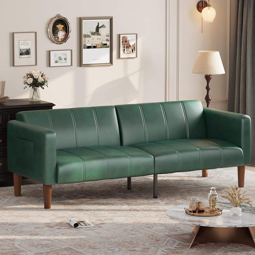GarveeHome Futon Sofa Bed, 75-Inch Modern Faux Leather Convertible Couch, Mid-Century Loveseat for Small Space, Living Room, Bedroom, Green