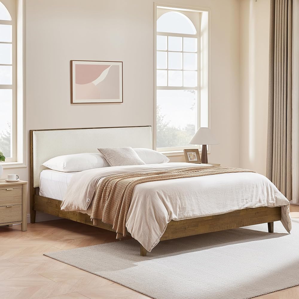 CHITA Queen Size Platform Bed, with Boucle Upholstered Headboard, Walnut