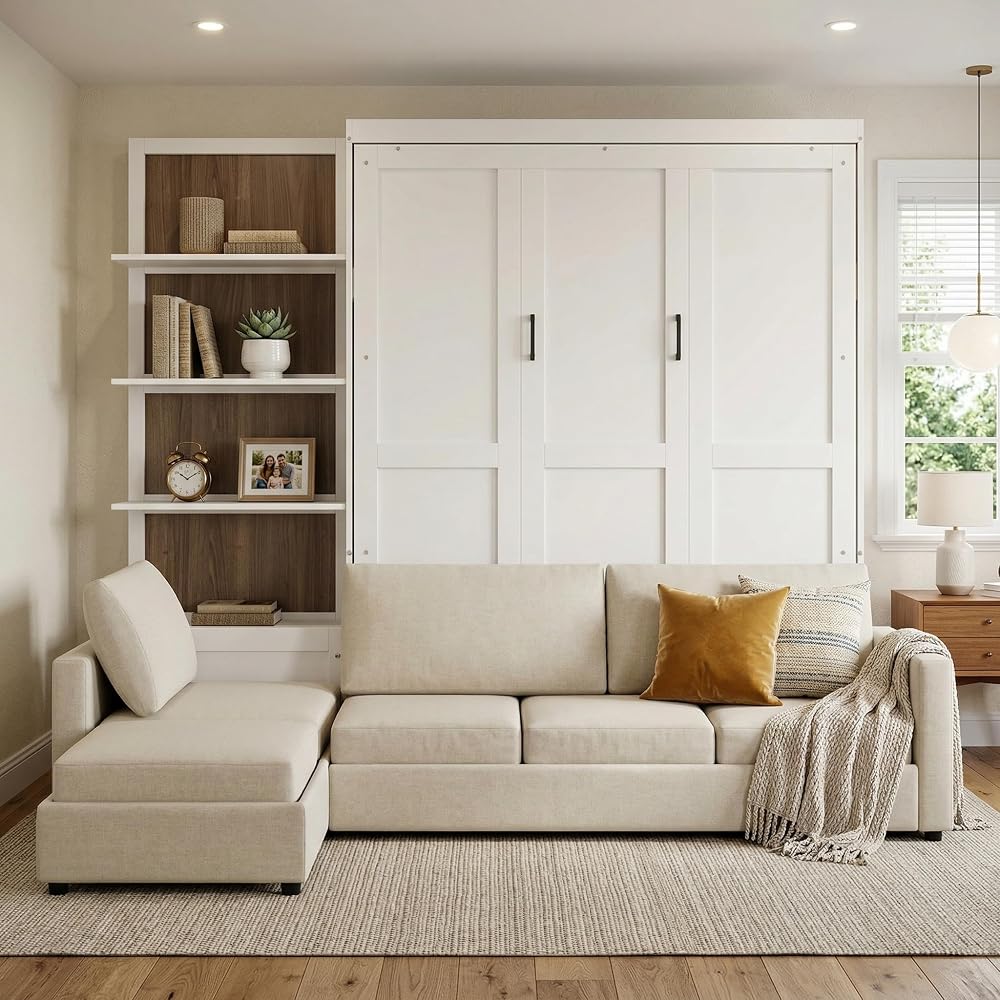 Harper & Bright Designs Queen Murphy Bed with Sofa and Shelves, White