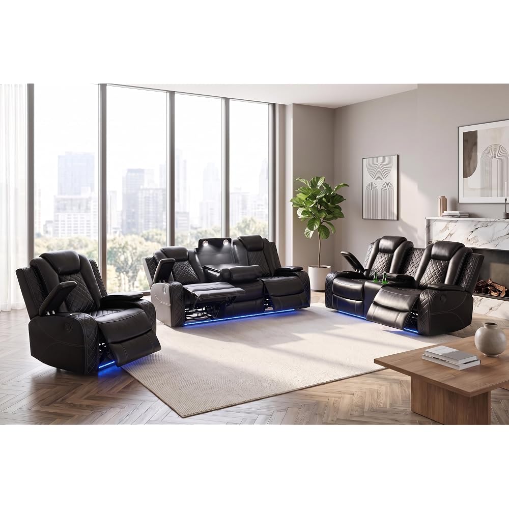 Power Recliner Sofa Set, 3 Piece Faux Leather Reclining Couch with LED Lights,Flip-Down Table, USB Ports, Cup Holders & Storage Console for Living Room, Home Theater Seating & APT Black
