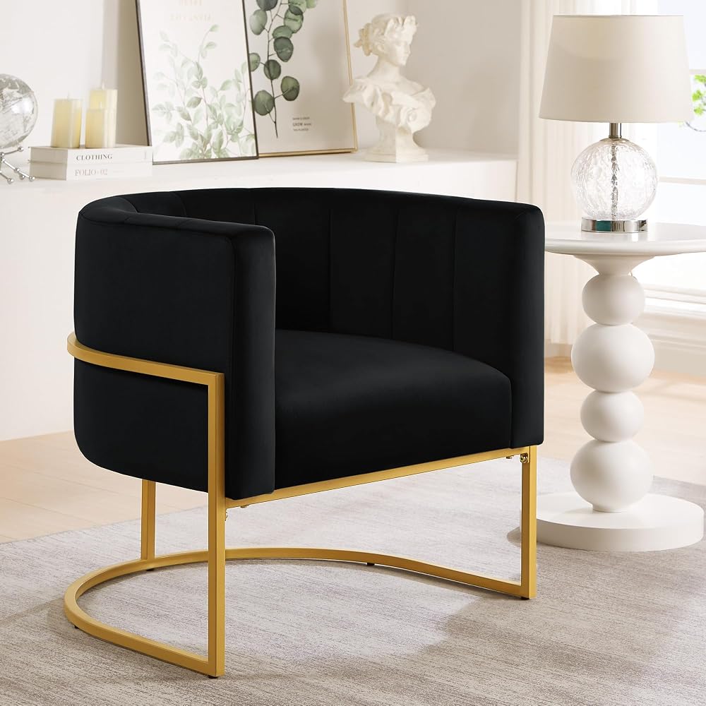 Curve Backrest Mid-Century Leisure Chair, Upholstered Velvet Accent Chair With U-Shaped Golden Metal Base, Velvet Single Sofa Chair For Living Room,Office,28.25"L x 25.75"W x 30"H (black)