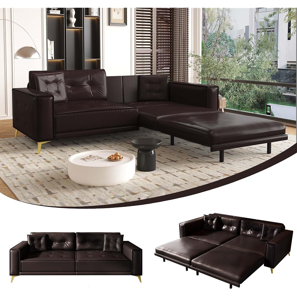 3-in-1 Dark Brown Faux Leather Pull Out Sleeper Sofa Bed Couch with Ultra Wide Armrests, 92.1" King Size Pullout Tufted Sofa Bed, 4 Seater Convertible Couch for Living Room