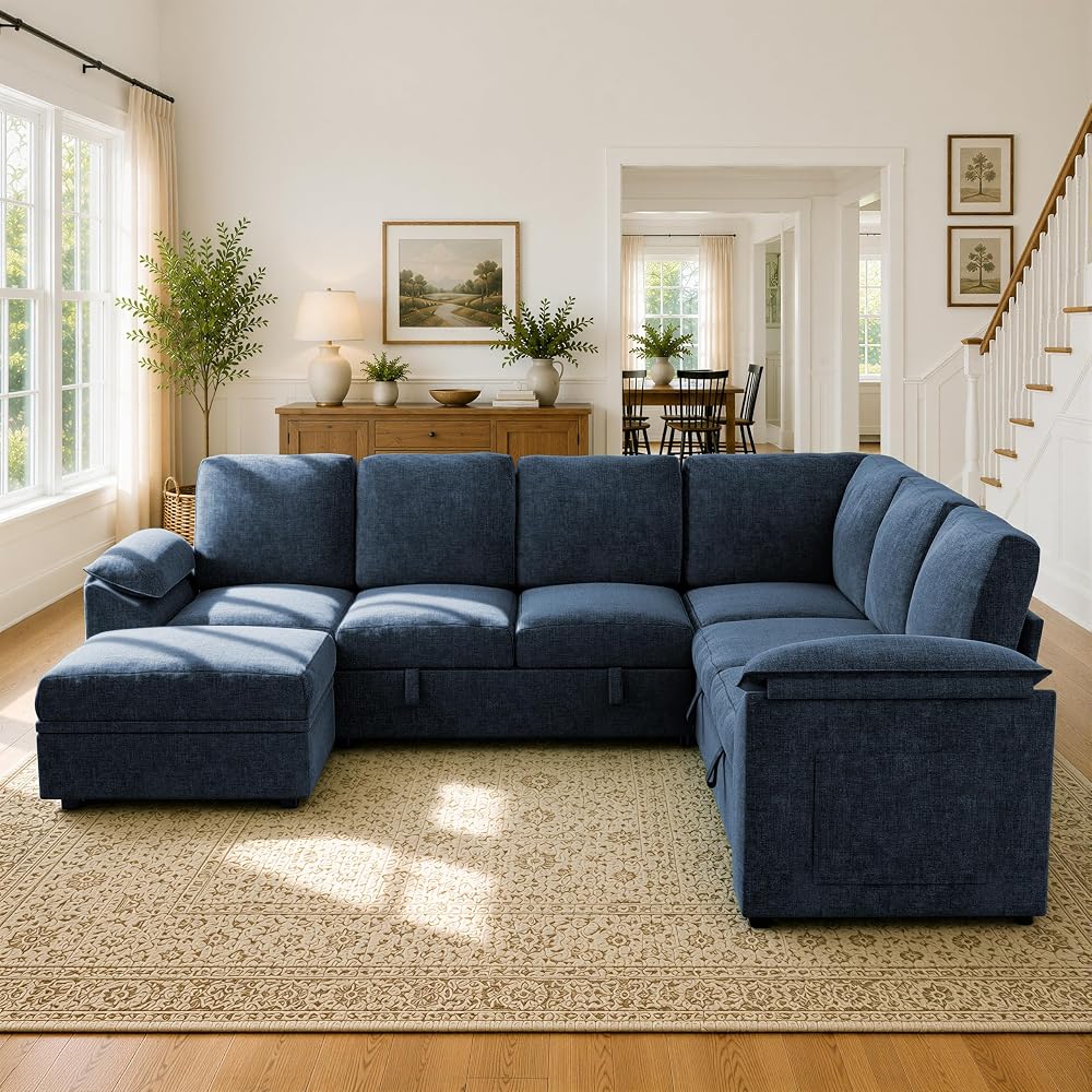 Modular Sectional Sleeper Sofa with Pull Out Bed, U Shaped Couch