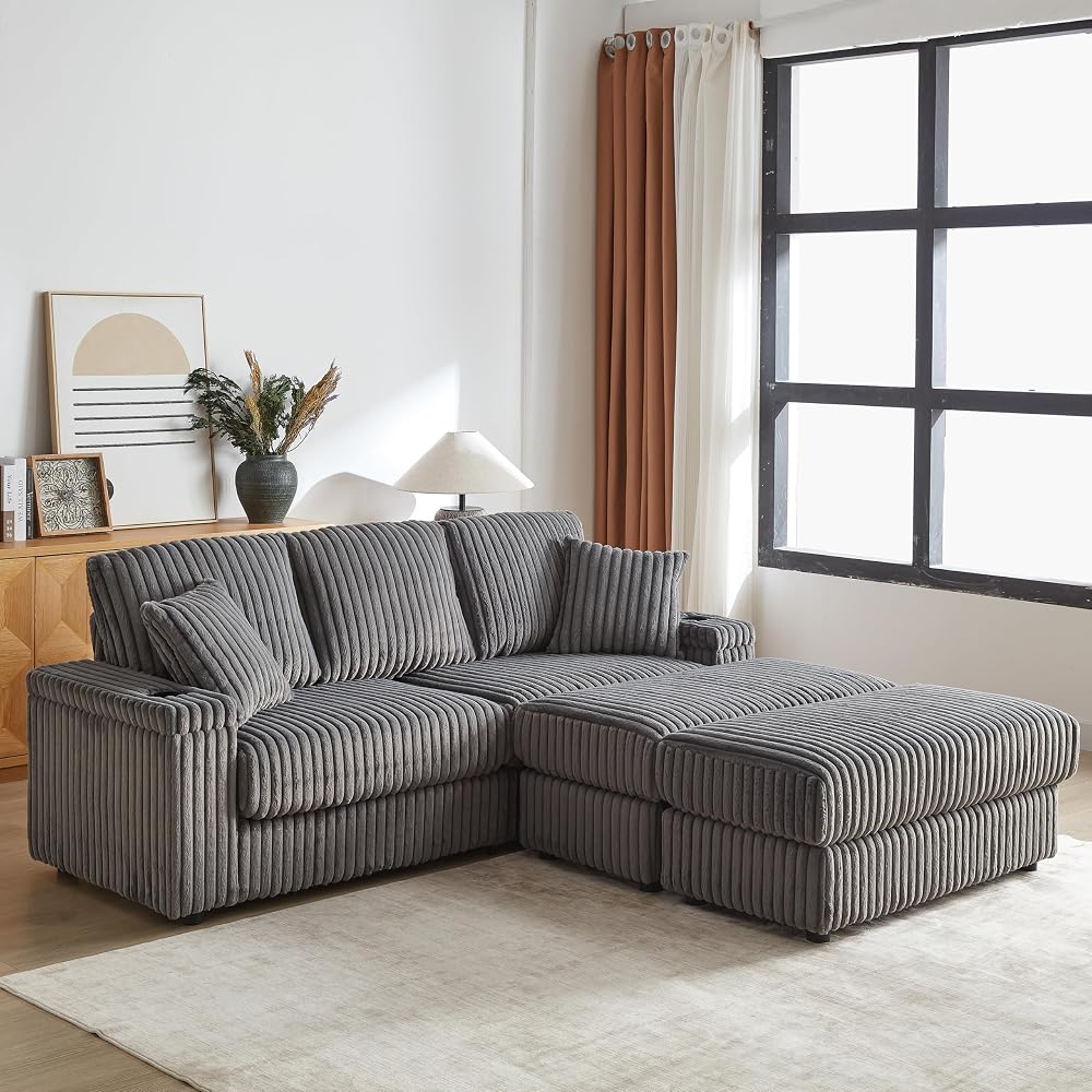 84 Inch Soft Corduroy Sofa, Boneless Couches for Living Room with Storage footstools, Couches with Spring Sponge Support and Cup Grooves for Indoor Leisure Spaces, Grey
